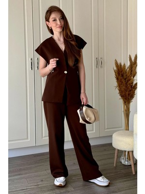 Dilay Gökoğlu Butik Kahverengi Gold Düğmeli Yelek Palazzo Takım