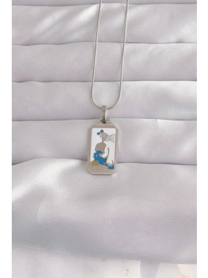 Mey Ithalat® 316L Çelik Gümüş Renk Beyaz Mineli Kız Figür Tarot Kolye