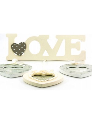 Buffer® Decotown Love Yazılı Çerçeve 3lü Kalpli Ahşap Fotoğraf Çerçevesi