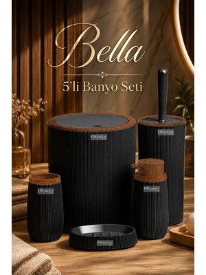 Empressco Siyah Ahşap Çizgili Yuvarlak 5'li Banyo Seti