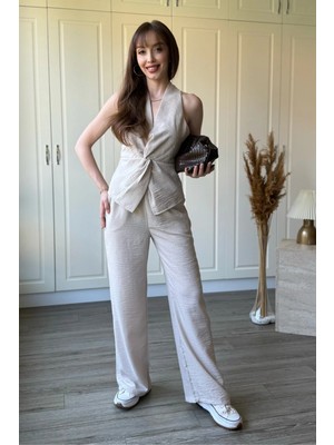 Dilay Gökoğlu Butik Keten Önü Düğüm Detaylı Bej Pantolon Bluz Takım