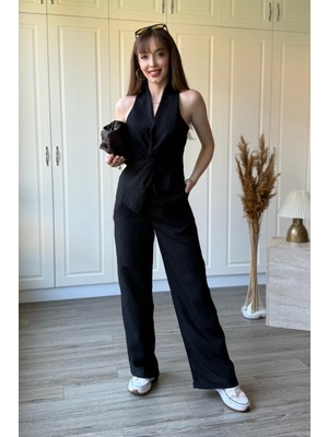 Dilay Gökoğlu Butik Keten Önü Düğüm Detaylı Siyah Pantolon Bluz Takım
