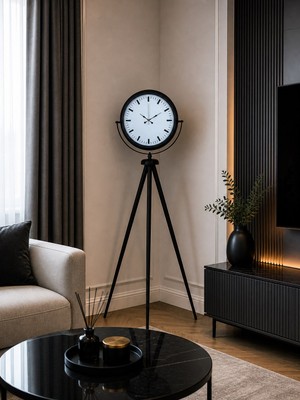 Siyah & Beyaz Saf Sade Tasarım Tripod Ayaklı Saat