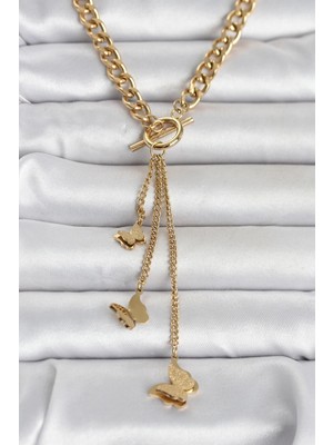 Mey Ithalat® 316L Çelik Gold Renk Kelebek Sallantılı Kadın Kolye