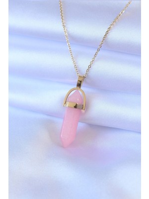 Mey Ithalat® 316L Çelik Gold Renk Kristal Pembe Taş Model Kadın Kolye