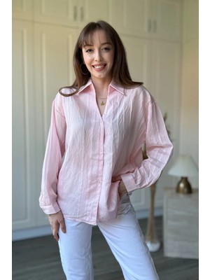 Dilay Gökoğlu Butik Dokulu V Yaka Pembe Gömlek