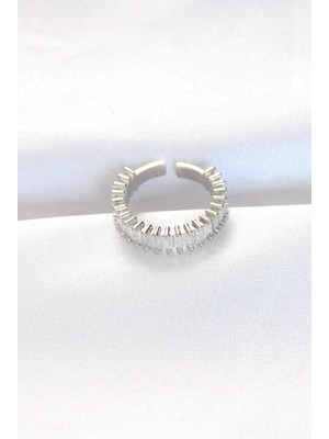 Mey Ithalat® Sıralı Baget Taşlı Silver Renk Ayarlanabilir Yüzük