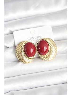 Mey Ithalat® Pirinç Gold Renk Bordo Boncuklu Oval Vintage Kadın Küpe