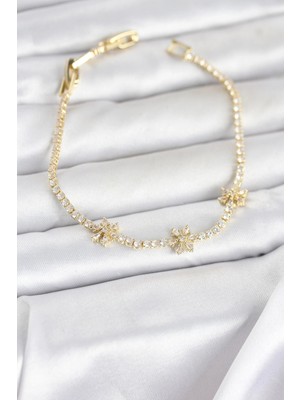 Mey Ithalat® Pirinç Gold Renk Çiçek Model Zirkon Taşlı Su Yolu Kadın Bileklik