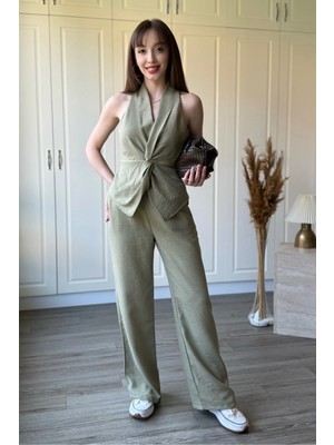 Dilay Gökoğlu Butik Keten Önü Düğüm Detaylı Haki Pantolon Bluz Takım