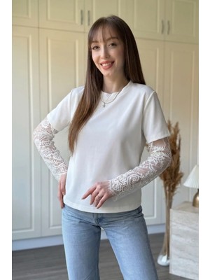 Dilay Gökoğlu Butik Kolları Dantel Detaylı Modal Beyaz Bluz