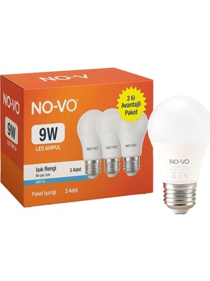 No-Vo 3lü Avantaj Paket 9W Beyaz LED Ampul E27 806LM 6500K 15.000 Saat Ömür