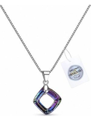Brezza Lusso Jewelry 925 Ayar Swarovski Taşlı Kare 14MM Crystal Vitrail Light Kadın Gümüş Kolye