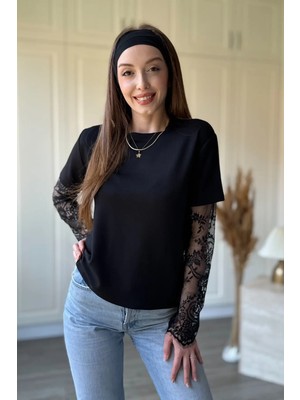 Dilay Gökoğlu Butik Kolları Dantel Detaylı Modal Siyah Bluz