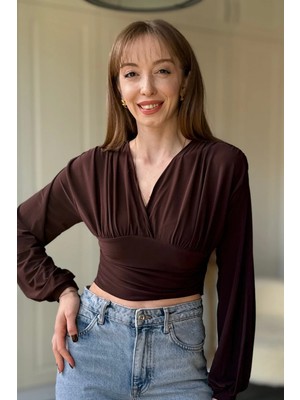 Dilay Gökoğlu Butik V Yaka Drapeli Kahverengi Body