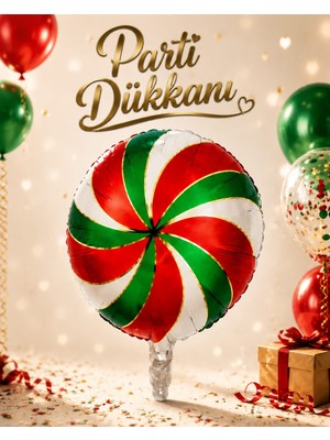 Parti Dükkanı Renkli Şeker Folyo Balon 18 Inç 45 cm Kırmızı Yeşil Beyaz Helyum Uyumlu Bonibon Desenli Yuvarlak Parti Balonu