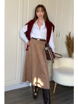 Dilay Gökoğlu Butik Süet Şık Midi Bej Etek