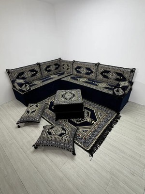 Bakırözü Home 40 cm Kalın Süngerli Lacivert Yahyalı  Şark Köşesi - Kilim Desenli L Yer Minderi Seti
