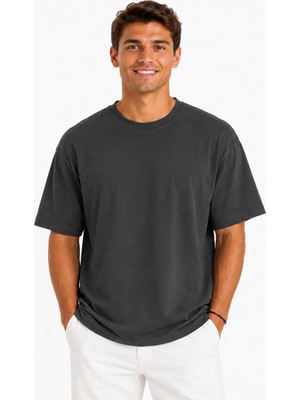 Vasto Moda Erkek Tam Oversize Kalıp Kalın Dokulu %100 Organik Pamuk Bisiklet Ribana Yakalı Füme T-Shirt