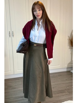 Dilay Gökoğlu Butik Süet Şık Midi Haki Etek