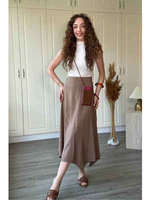 Dilay Gökoğlu Butik Tensel Kumaş Asimetrik Midi Kahverengi Etek