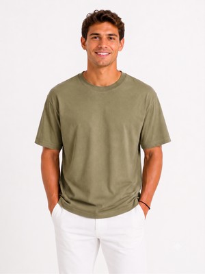Vasto Moda Erkek Tam Oversize Kalıp Kalın Dokulu %100 Organik Pamuk Bisiklet Ribana Yakalı Haki T-Shirt