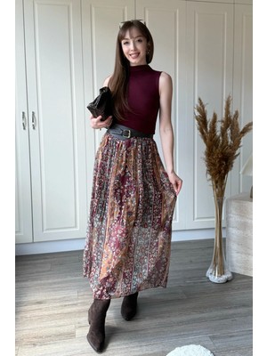 Dilay Gökoğlu Butik Desenli Kemerli Midi Tül Etek
