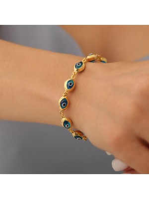 Nox Jewelry 14 Ayar Altın Kaplama Oval Mavi Nazar Boncuklu Gümüş Bileklik - CBS00118