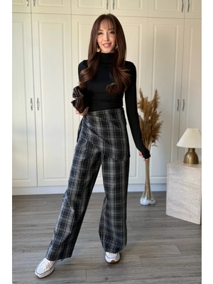 Dilay Gökoğlu Butik Fularlı Fit Ekose Siyah Pantolon