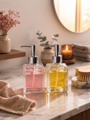 Trend Home Life Estetik Banyo ve Mutfak Sabunluk Seti, Kare Cam, Gümüş Başlık 200 ml Stand Yoktur