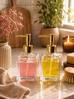 Trend Home Life Estetik Banyo ve Mutfak Sabunluk Seti, Kare Cam, Gold Başlık 200 ml Stand Yoktur