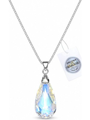 Brezza Lusso Jewelry 925 Ayar Swarovski Taşlı Ince Damla 24MM Crystal Ab Kadın Gümüş Kolye