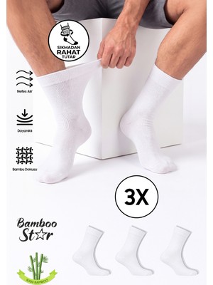 Bamboo Star Erkek Bambu Beyaz Diyabetik Dikişsiz Şeker Hastası Çorabı Sıkmaz Iz Bırakmaz Premium 3' Lü Paket