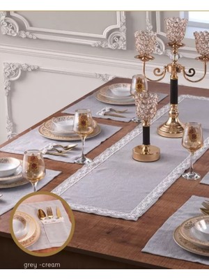 Ceki Home Zara Yemek Takımı Masa Seti 6 Kişilik 7 Parça Supla Runner Set Gri-Krem
