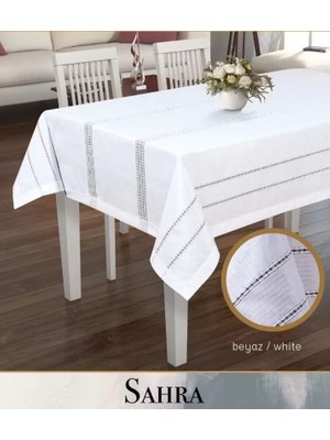 Ceki Home 160x260 cm Sahra Model Beyaz Polyester Ajurlu Keten Dantelli Yemek Masası Örtüsü
