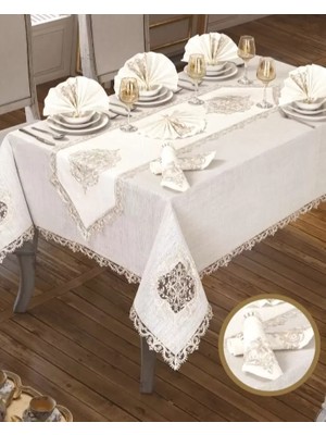 Ceki Home Lisa Linen Yemek Takımı Masa Seti 12 Kişilik 26 Parça Supla Runner Set Krem