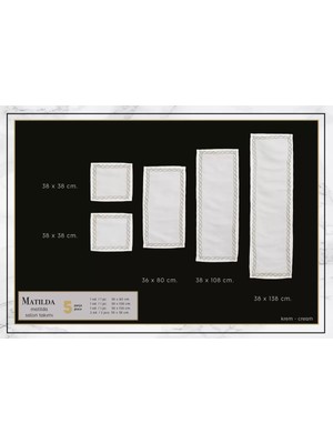 Ceki Home Salon Takımı 5 Parça Keten Masa Örtüsü Runner Seti Çeyizlik Matilda Model No 3347 Krem-Gümüş