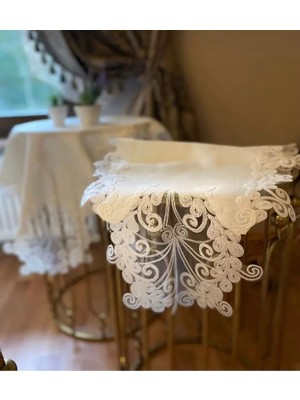 Ceki Home Anna Model Krem Keten Dantelli 5 Parça Salon Takımı Masa Örtüsü Runner Seti