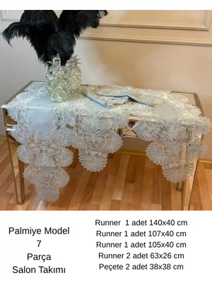 Ceki Home Salon Takımı 5 Parça Keten Masa Örtüsü Runner Seti Çeyizlik Palmiye Model No 1482 Gri
