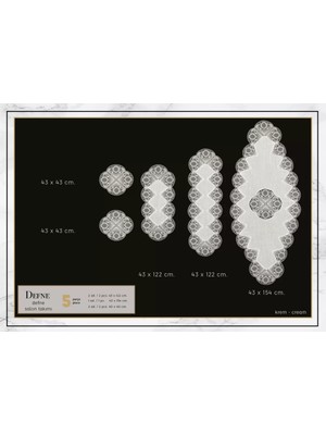 Ceki Home Salon Takımı 5 Parça Keten Dantelli Masa Örtüsü Runner Seti Defne Model No 9385 -Krem-Krem