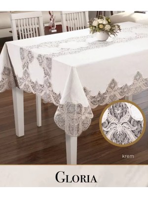 Ceki Home Keten Tek Masa Örtüsü Tablecloth 160x300 cm Dantelli Yemek Masası Örtüsü Gloria Model Krem