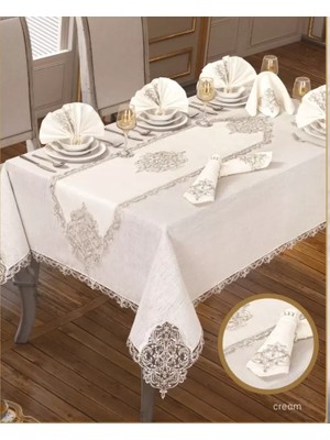 Ceki Home Elegant Linen Yemek Takımı Masa Seti 12 Kişilik 26 Parça Supla Runner Set Krem-Gümüş