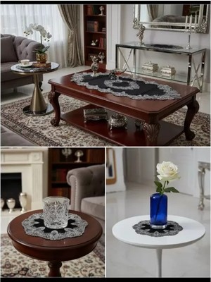 Ceki Home Salon Takımı 5 Parça Velvet Kadife Dantelli Masa Örtüsü Runner Seti Elora Model No 3616- Siyah
