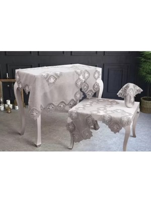 Ceki Home Salon Takımı 5 Parça Keten Dantelli Masa Örtüsü Runner Seti Çeyizlik Flowers Model No 9964 Kapiçino