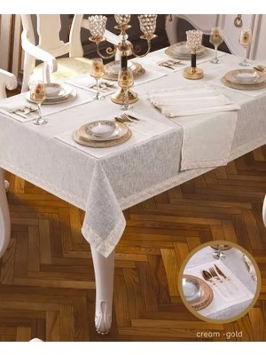 Ceki Home Linen Zara 26 Parça 12 Kişilik Yemek Takımı Masa Seti Supla Runner Krem Şık Ev Tekstili