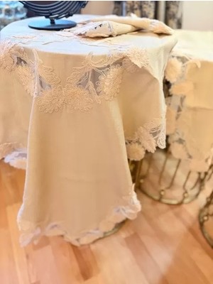 Ceki Home Gri Çeyizlik Flowers Model 5 Parça Keten Dantelli Runner Seti Salon Takımı