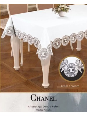 Ceki Home Gardenya Keten Tek Masa Örtüsü 160x220 cm Dantelli Yemek Masası Örtüsü Chanel Model Krem-Krem