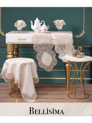 Ceki Home Salon Takımı 5 Parça Velvet Kadife Dantelli Masa eÖrtüsü Runnr Seti Bellisima Model No 8652- Krem