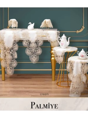 Ceki Home Salon Takımı 7 Parça Keten Masa Örtüsü Runner Seti Çeyizlik Palmiye Model No 21042 Krem-Krem
