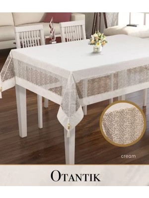 Ceki Home Keten İşlemeli Masa Örtüsü 160x260 cm Dantelli Yemek Masası Örtüsü Otantik Model Krem